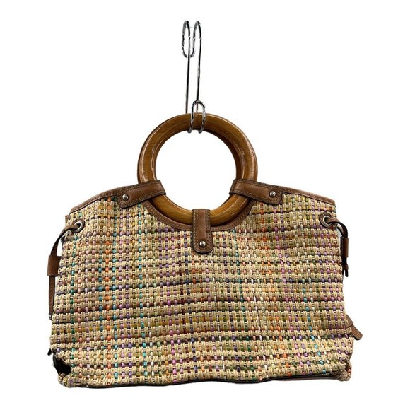 Vintage Fossil Womens Tote Bag Multicolor Woven Straw Dual Round Wooden Handles - Picture 1 of 9